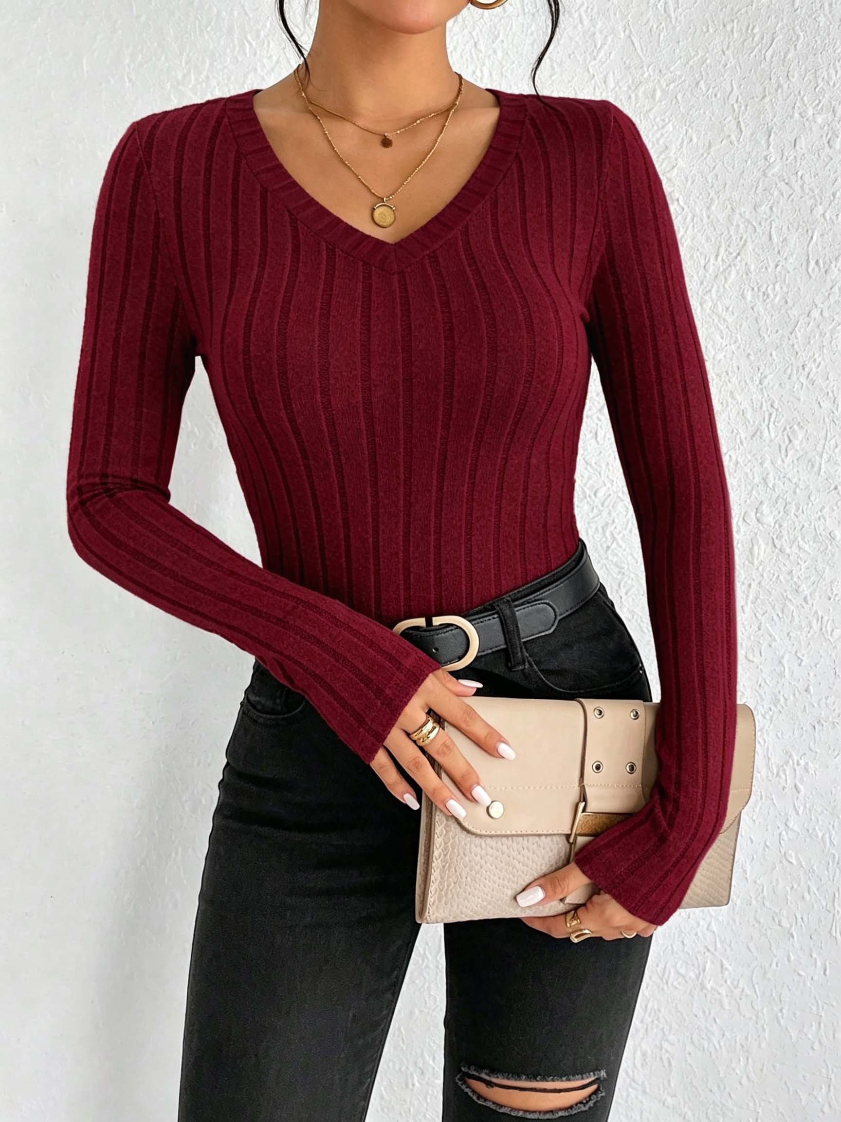 Women Solid V‑Neck Ribbed Knit - Winter Clothing For Women ulasan dan harga