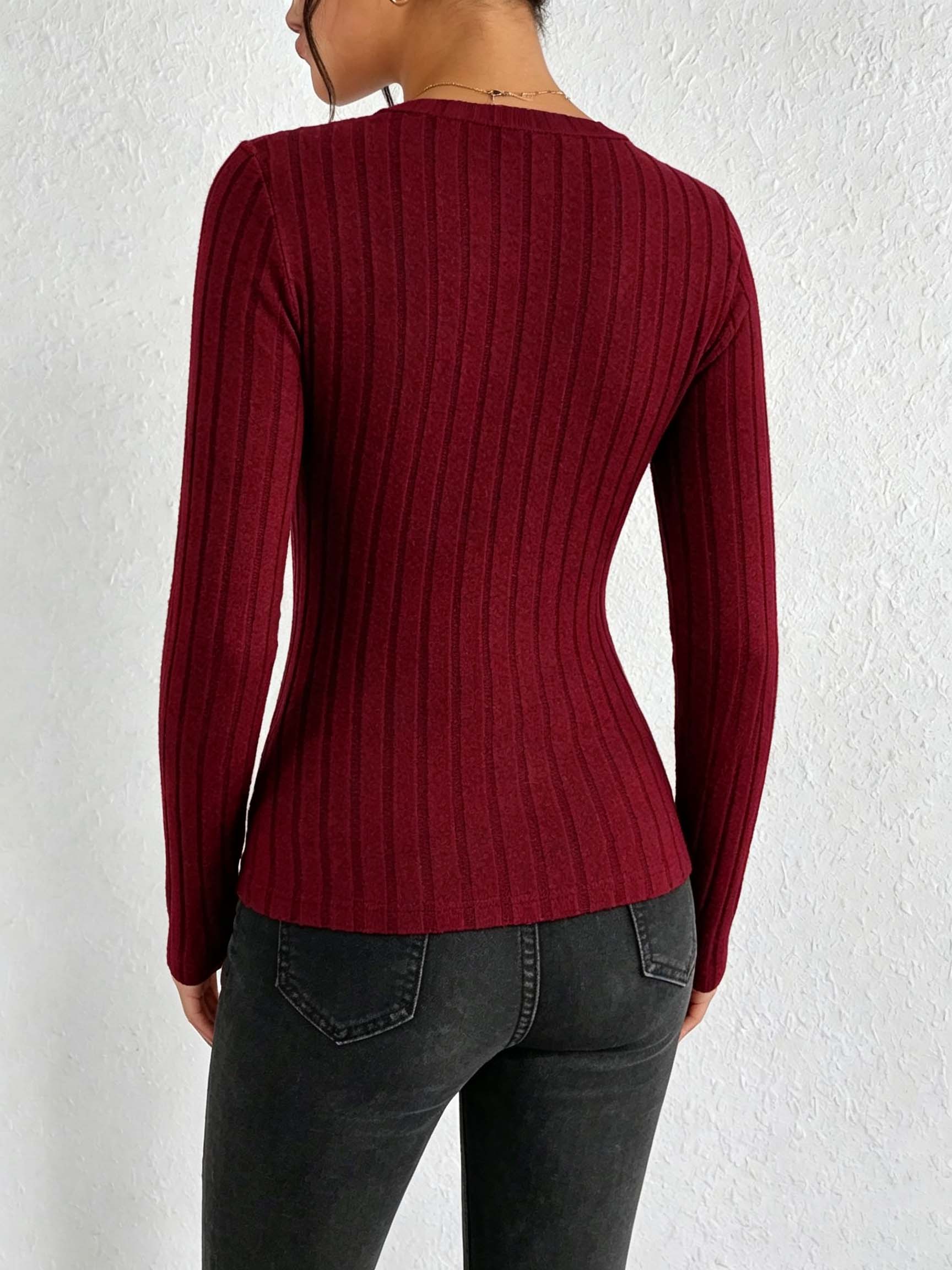 Women Solid V‑Neck Ribbed Knit - Winter Clothing For Women ulasan dan harga